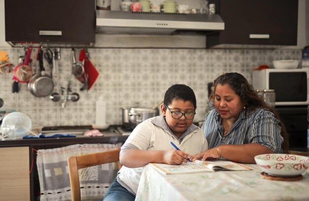 A Colombian mother helping her child with homework at a table in their home. The mother is smiling and encouraging, creating a supportive learning environment. The image represents the crucial role of parents in their children's education.