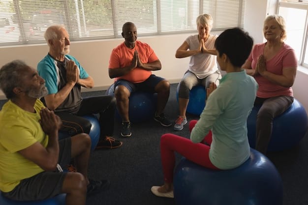 A group of diverse elderly Colombian people participating in a gentle exercise class in a community center, led by a friendly instructor. They are smiling and engaged, demonstrating active participation and enjoyment.