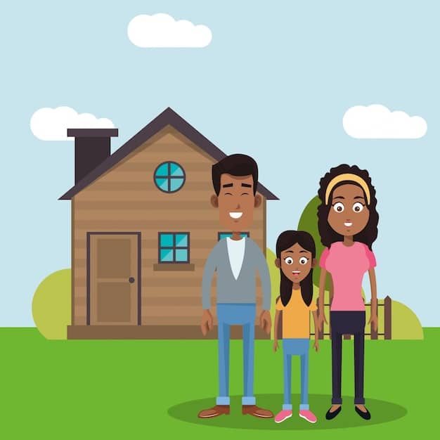A family standing in front of their newly acquired, modest home in Colombia. The family is smiling and holding keys, symbolizing the joy and security of homeownership achieved with the help of a housing subsidy.