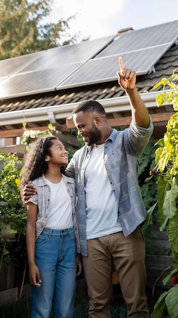 A local Columbian family smiling in front of their house, with newly installed solar panels on the roof, celebrating access to renewable energy and state subsidies