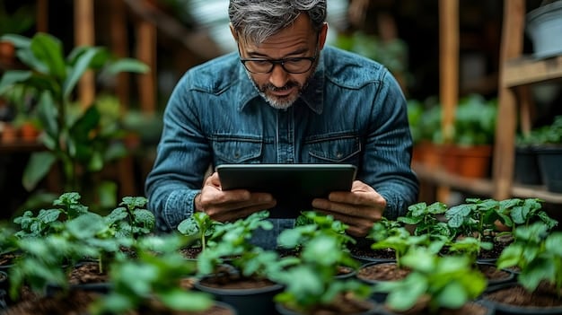 A medium shot of a Colombian farmer using a tablet in a greenhouse, examining data related to crop yields and efficiency. Modern agriculture technology is visible in the background, and the farmer is smiling confidently.