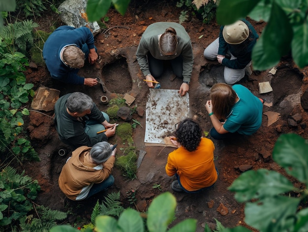 Overhead shot of a diverse group of Colombian farmers participating in a workshop on sustainable farming practices. The farmers are engaged and collaborative, surrounded by tools, plants, and educational materials.