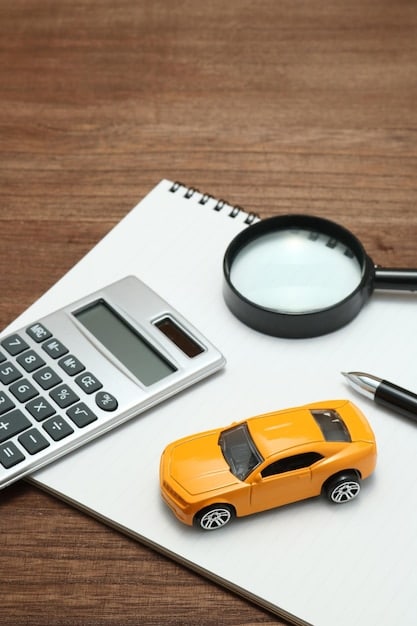 A close-up of a calculator showing interest calculations for a car loan, with the words 