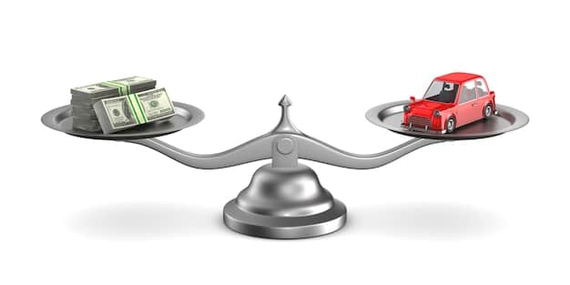 A balanced scale with cash and a car key on each side, representing the decision between a down payment and retaining cash for other needs.