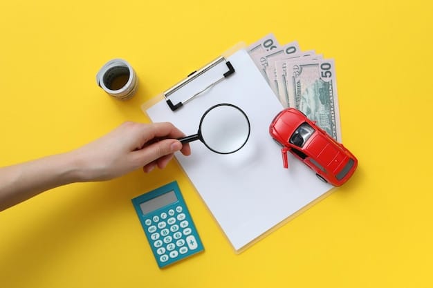 A magnifying glass hovering over a vehicle loan agreement, highlighting the interest rate and other key terms.