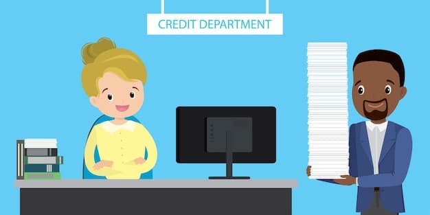A person handing over a stack of documents to a bank representative across a desk. The documents include identification cards, bank statements, and utility bills. The setting is a brightly lit bank office.