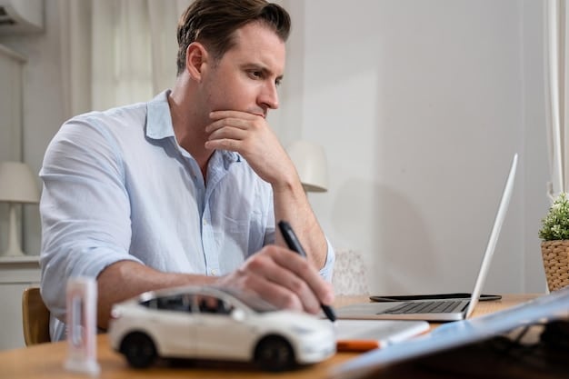 A worried person sitting at a desk full of papers, including car loan documents and receipts, with a calculator and pen in hand.
