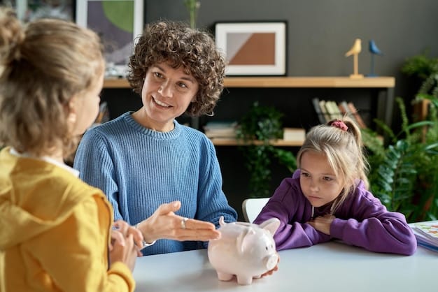 A family discussing finances around a table, with a piggy bank and financial planning documents visible. The scene conveys a sense of collaboration and thoughtful decision-making.