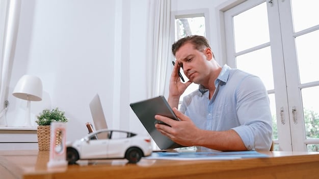 A person sitting at a table, looking stressed while reviewing financial documents related to a car loan. The scene is lit to emphasize the feeling of anxiety and financial burden.