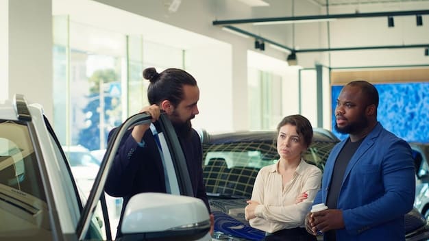 A diverse group of people meeting with a car dealership representative around a table, discussing financing options with paperwork and digital tablets visible. The atmosphere suggests collaboration and variety in financial solutions for acquiring a vehicle.