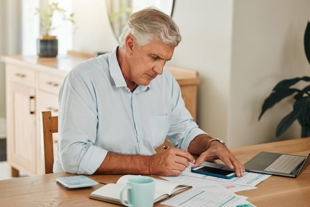 Close-up of a man using a calculator and reviewing financial documents at a desk, focusing on retirement planning.