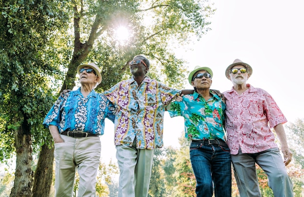 A group of elderly Colombians happily gathered in a park, laughing and enjoying their retirement, with a background of lush green trees and clear blue sky, symbolizing a joyful and secure retirement.