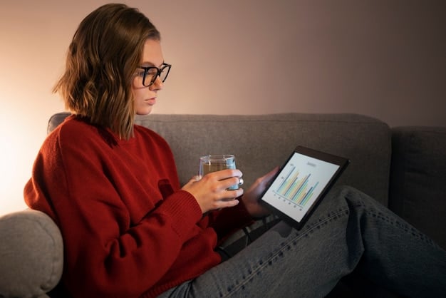 A person thoughtfully reviewing financial charts and graphs on a tablet, sitting in a comfortable armchair at home, emphasizing informed decision-making in retirement planning.