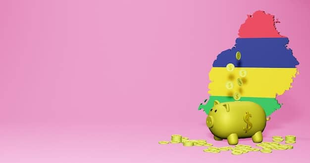 A close-up of a piggy bank with Colombian flag colors, surrounded by coins and a calculator, symbolizing saving for retirement in Colombia.