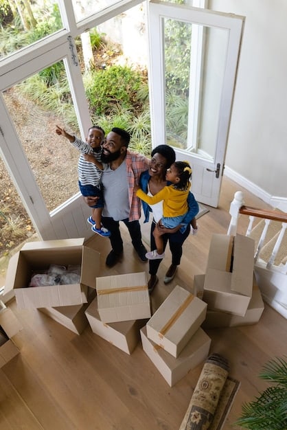 A family moving into a new house, symbolizing the dream of homeownership in Colombia.