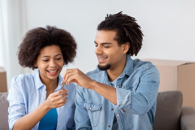 A real estate agent handing over the keys to a new homeowner couple in front of their new house. The couple is smiling and the agent is professional and helpful.