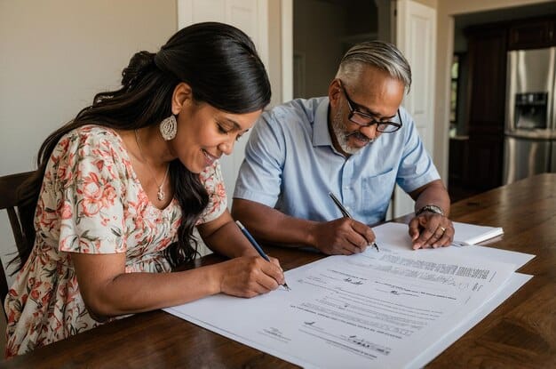 A close-up of a Colombian family signing the paperwork for their new home purchase, with emphasis on the legal documents and pens.