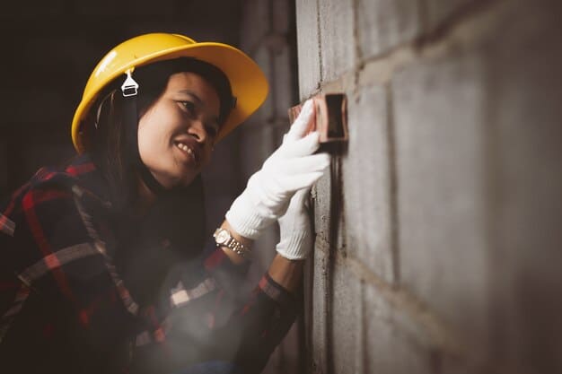 A close-up of a Colombian appraiser inspecting the foundation of a house with a flashlight, showcasing the thoroughness of the inspection.