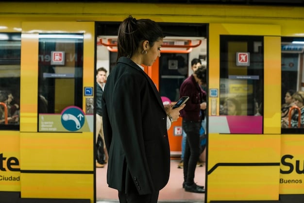 A close-up of a modern bus rapid transit (BRT) station in Bogotá, Colombia, with passengers boarding and exiting the bus.