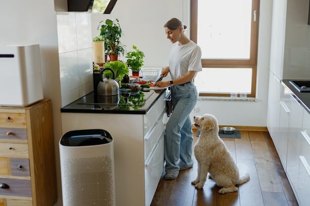 A modern kitchen interior featuring energy-efficient appliances, recycled materials, and a water filtration system, promoting sustainability in home design.