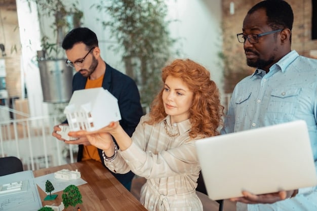 A group of people discussing real estate investment options in a co-working space, with laptops and financial charts visible on the table.